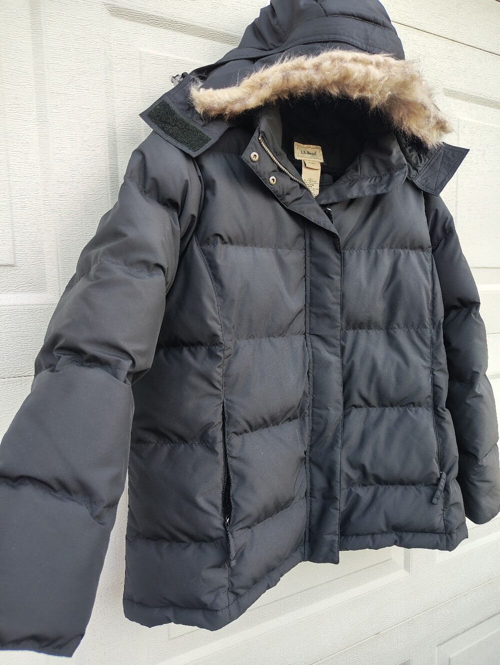 L.L. Bean Black Down Puffer Jacket with Removable Faux Fur Trim 1X Reg